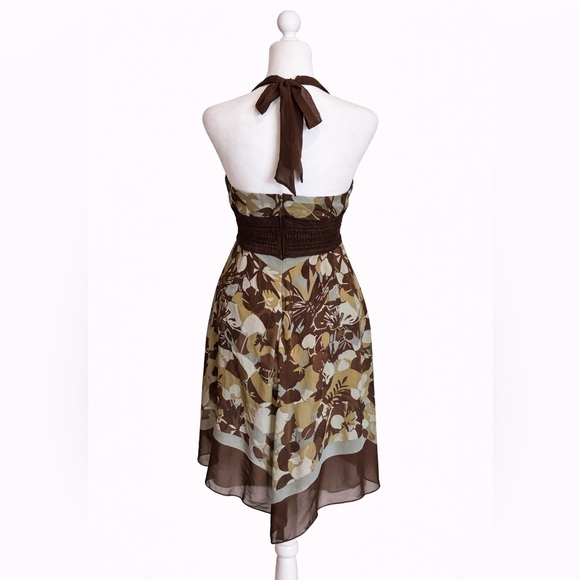 BCBG Max Azria 100% Silk Halter Dress | Brown Floral | Women's Size 4 - Picture 5 of 7